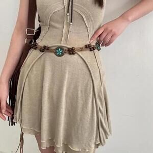 Boho Woven Adjustable Rope Belt With Blue Flower Design
